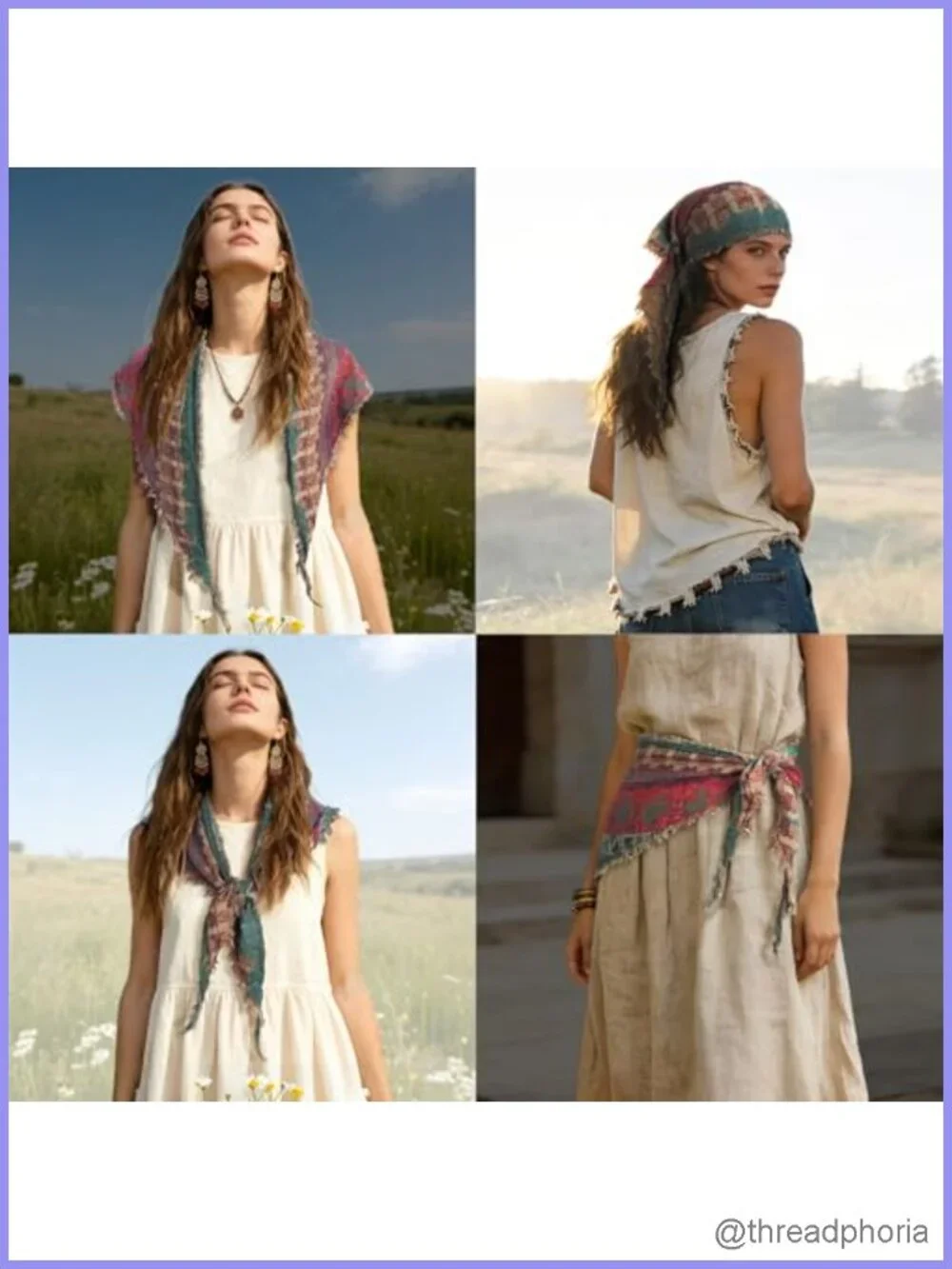 Vintage Cotton Triangle Scarf Floral Print Raw Fringe Edge Cottagecore Hair
